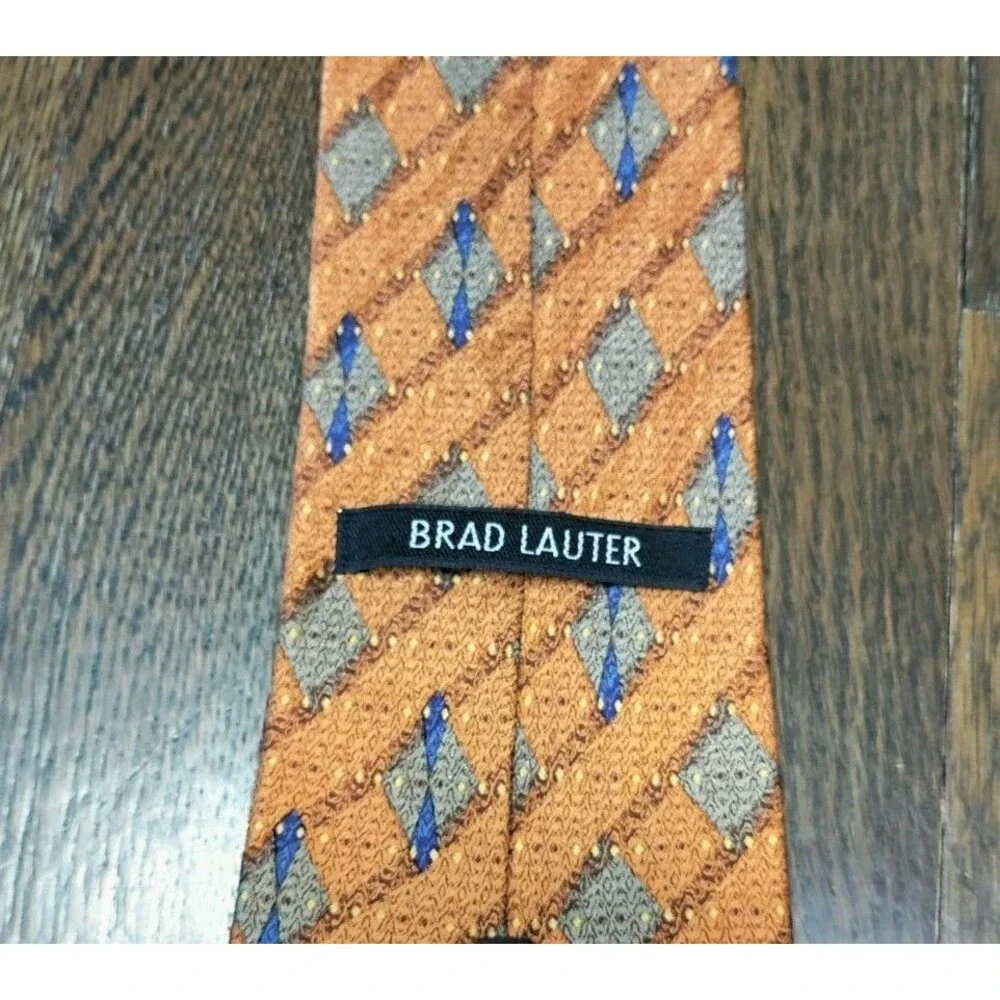 Vintage Brad Lauter 100% Silk Tie Brown Green Blue Geometric 60x4 Made In USA